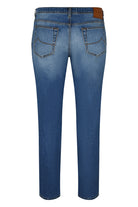 Men's blue stretch denim jeans, back view, five-pocket style with stitched back pockets