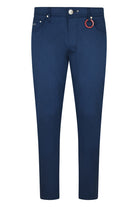 Blue woven pants with straight leg, belt loops, button-zip fly, five-pocket design
