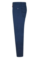 Blue woven pants back view with belt loops and two back patch pockets