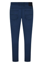 Blue woven pants back view with belt loops and two back patch pockets