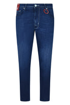 Blue slim-fit stretch denim jeans with button fly and front pockets, Tramarossa patch