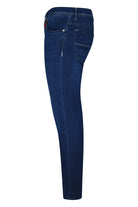 Blue slim-fit stretch denim jeans, side view with coin pocket and belt loops