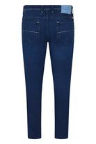 Blue slim-fit stretch denim jeans, back with two patch pockets and waistband label