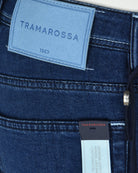 Denim jeans waistband and inside label with Tramarossa logo
