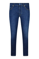 Men's slim fit stretch denim jeans, dark blue, five-pocket with yellow contrast stitching
