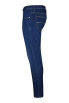Men's slim fit stretch denim jeans, dark blue, side view with belt loops and zip fly