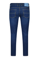 Men's slim fit stretch denim jeans, dark blue, rear view with two back pockets