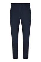 Men's navy five-pocket stretch pants with belt loops and button closure