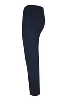 Men's navy five-pocket stretch pants, side view with waistband and slim leg