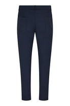 Men's navy five-pocket stretch pants, back view with tailored yoke seam