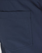 Navy five-pocket stretch pants pocket with stitched opening and seam details