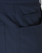 Navy five-pocket stretch pants with front pocket panel and vertical stitch seams