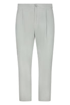 Off-grey nylon jersey pants with elastic waistband and front button closure