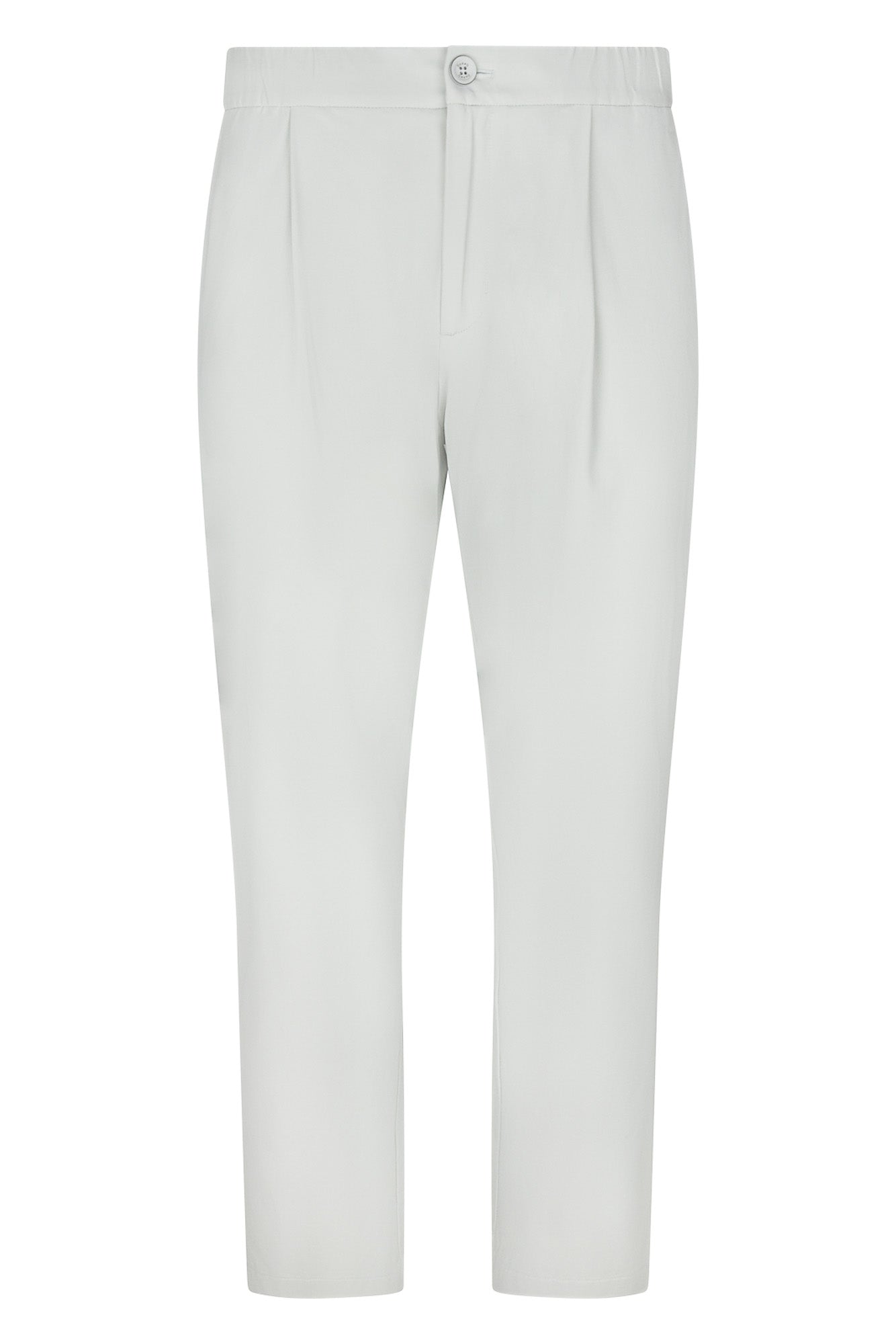 Off-white nylon jersey pants with elastic waistband and drawstring, straight cropped legs