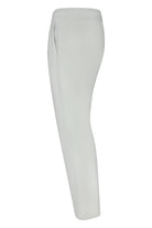 Off-grey nylon jersey pants, back view with smooth waistband and slim leg
