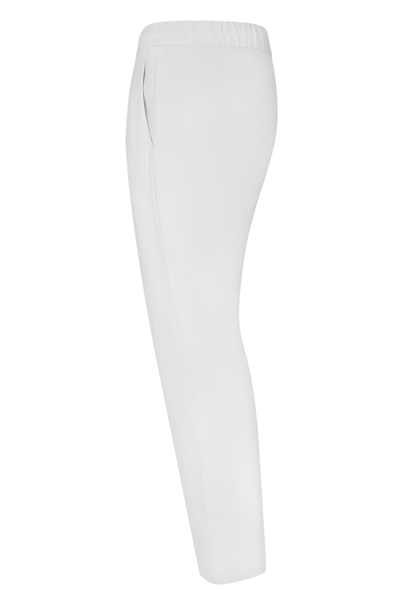 Light off-white tapered pants with elastic waistband and side seams