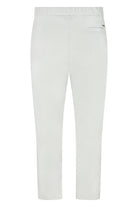 Off-white nylon jersey pants with elastic waist, front creases, side pockets