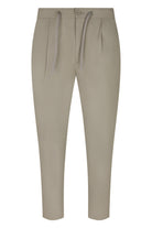 Lightweight tech pants, taupe, drawstring waist, side zip pockets.