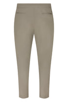 Taupe lightweight tech trousers, back pockets, tapered straight leg.