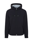 Navy hooded packable jacket with full-length zipper and drawstring hem