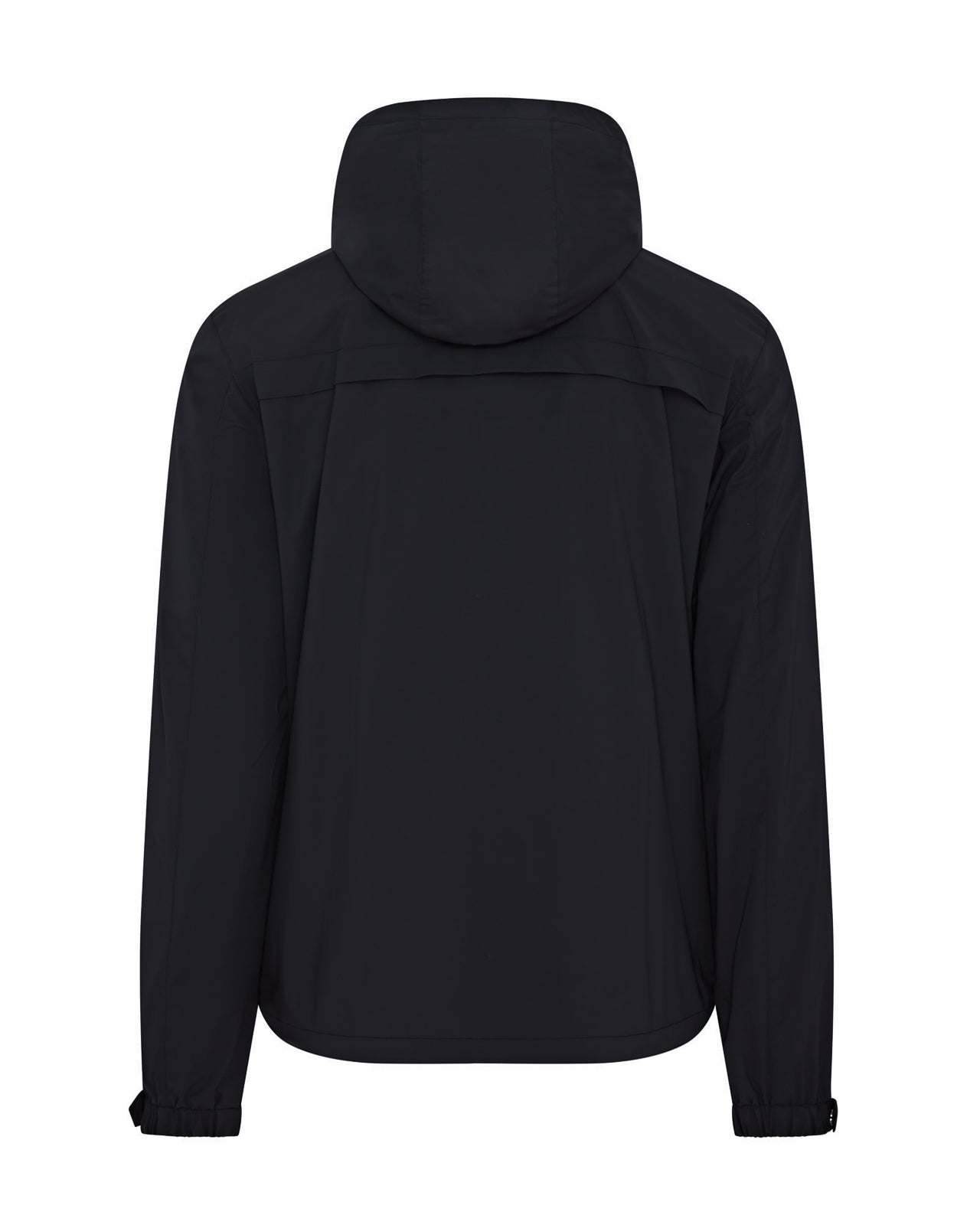Navy hooded jacket with full-length zipper and ribbed cuffs