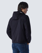 Navy hooded jacket from back view with hood and adjustable hem