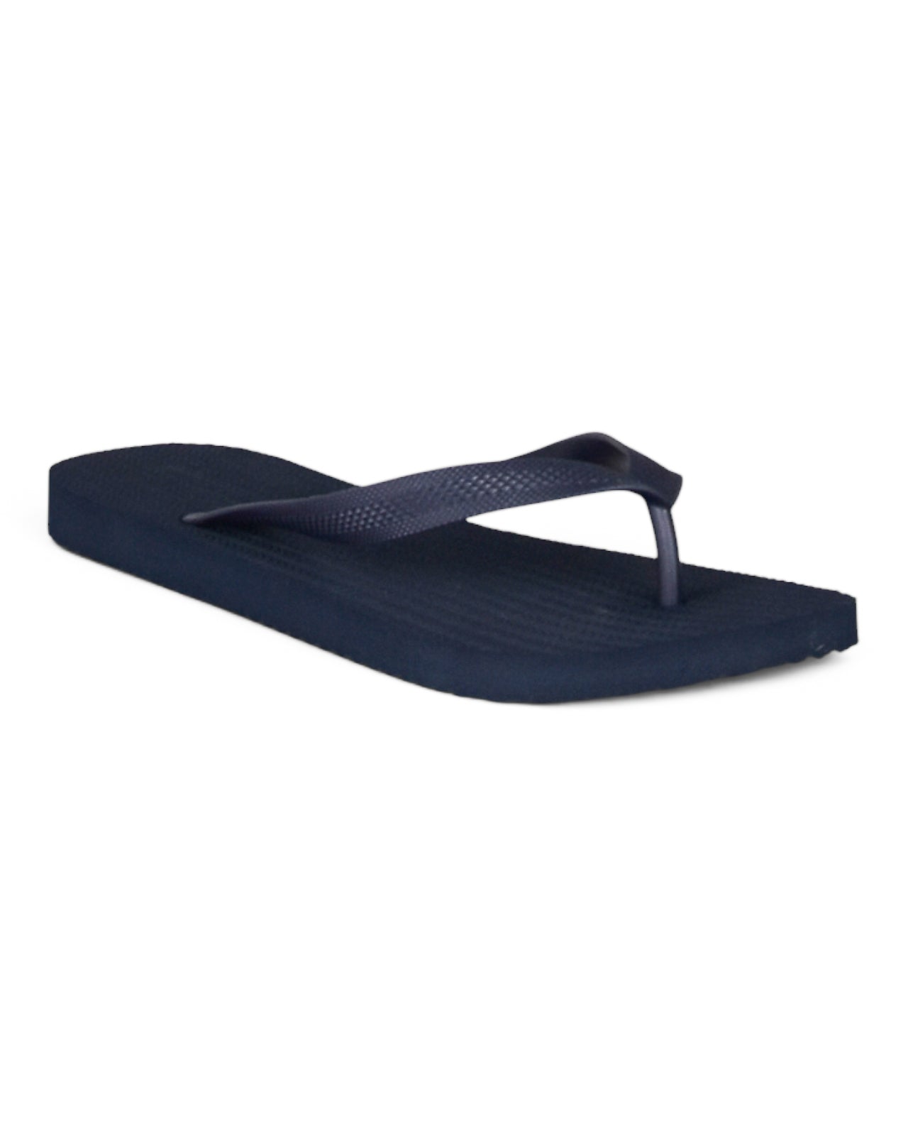 Dark blue flip-flop sandal with patterned footbed and thong strap