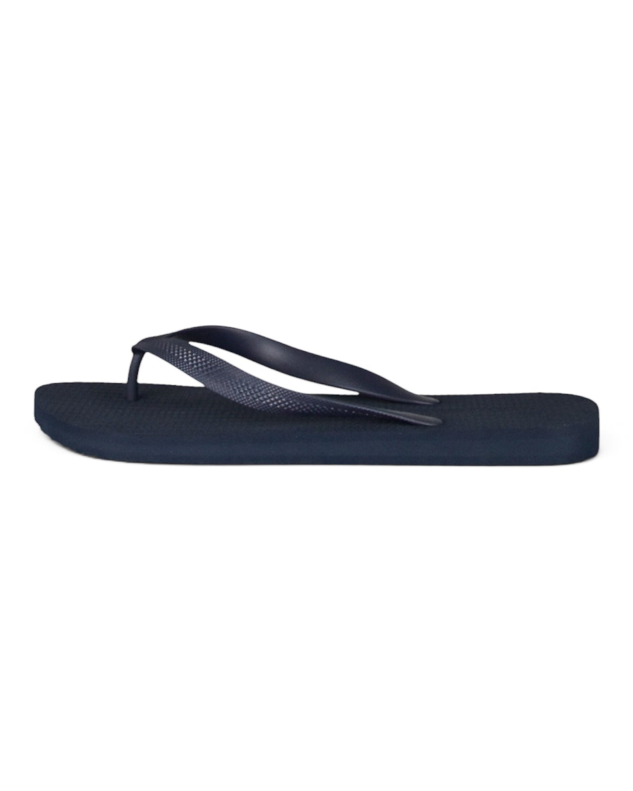 Dark blue flip-flop sandal shown from the side, thong strap detail