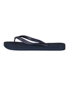 Dark blue flip-flop sandal shown from the side, thong strap detail