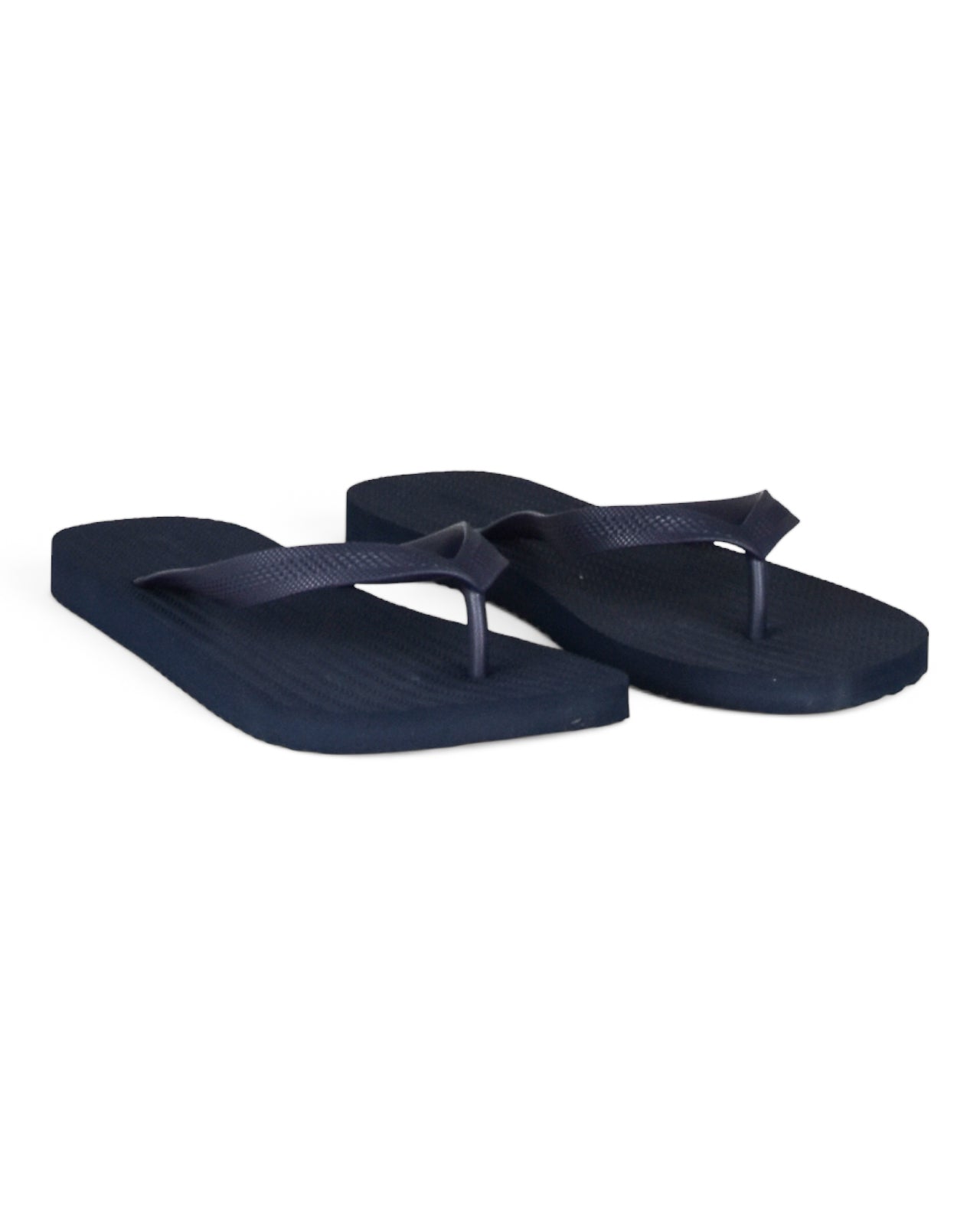 Pair of dark blue flip-flop sandals with textured straps