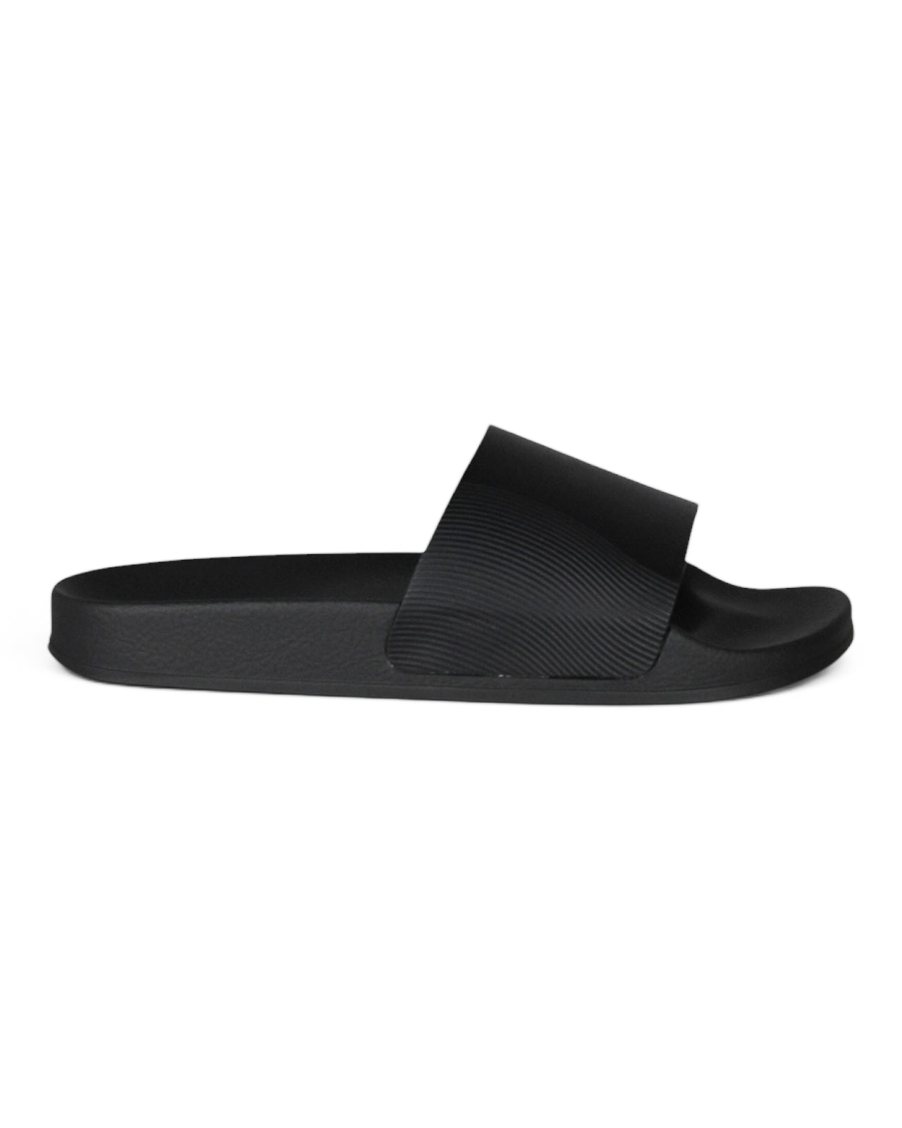 Black leather wave-print slide sandal with textured upper and contoured footbed