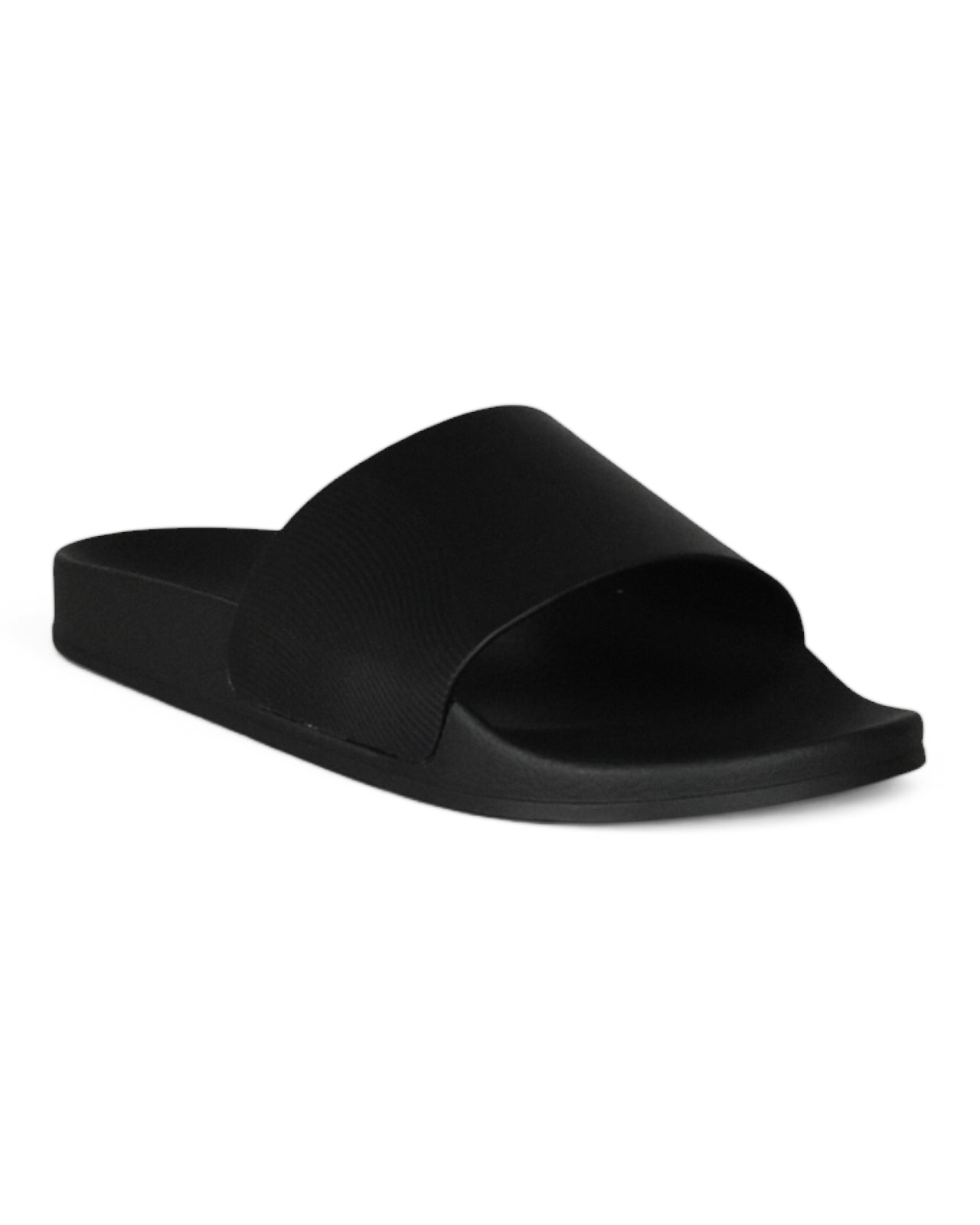 Black leather wave-print slider with wide textured strap and cushioned footbed