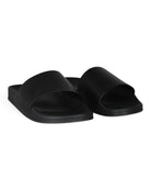 Black leather slide sandals with open toe and sculpted footbed