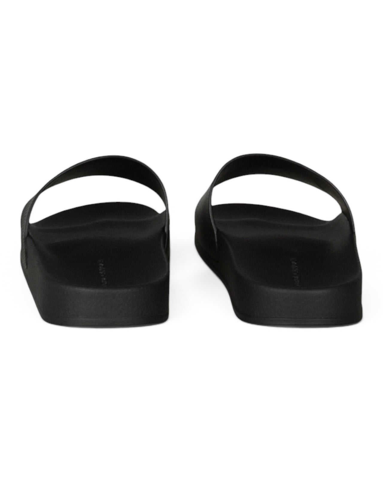 Black leather slide sandal with open-toe upper and wedge footbed