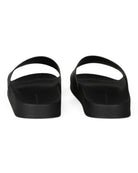 Black leather slide sandal with open-toe upper and wedge footbed