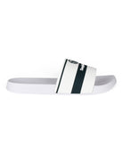 Sergio Tacchini white pool sliders with dark stripe logo strap and cushioned footbed