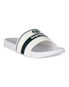 Sergio Tacchini white pool slider with dark stripe and SergioTacchini logo on strap