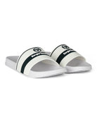 Pair of Sergio Tacchini white pool sliders with dark stripe logo strap and textured sole