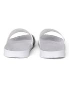 Sergio Tacchini white pool sliders, back view, with molded slide footbed