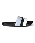 Black and light blue pool sliders with wide striped strap