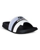 Pool sliders with black sole and white strap with light blue stripe