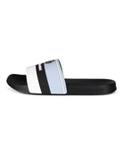 Black pool sliders with wide white-and-light-blue striped front strap