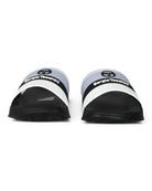 Pair of pool sliders showing contoured toe area and striped upper