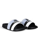 Two pool sliders side by side with black footbed and white striped strap