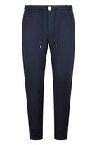 Navy technical drawstring five-pocket pants with zip fly and belt loops