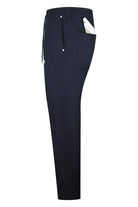 Navy technical five-pocket pants, side view with drawstring hem and belt loops