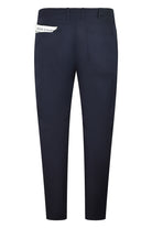 Navy technical five-pocket pants, back view with patch pockets and belt loops