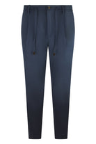 Navy silk-stretch drawstring pants with elastic waistband and front slant pockets