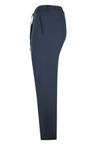 Navy silk-stretch drawstring pants, back view with elastic waistband