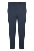 Navy silk-stretch drawstring pants, back view with welt pockets and tapered legs